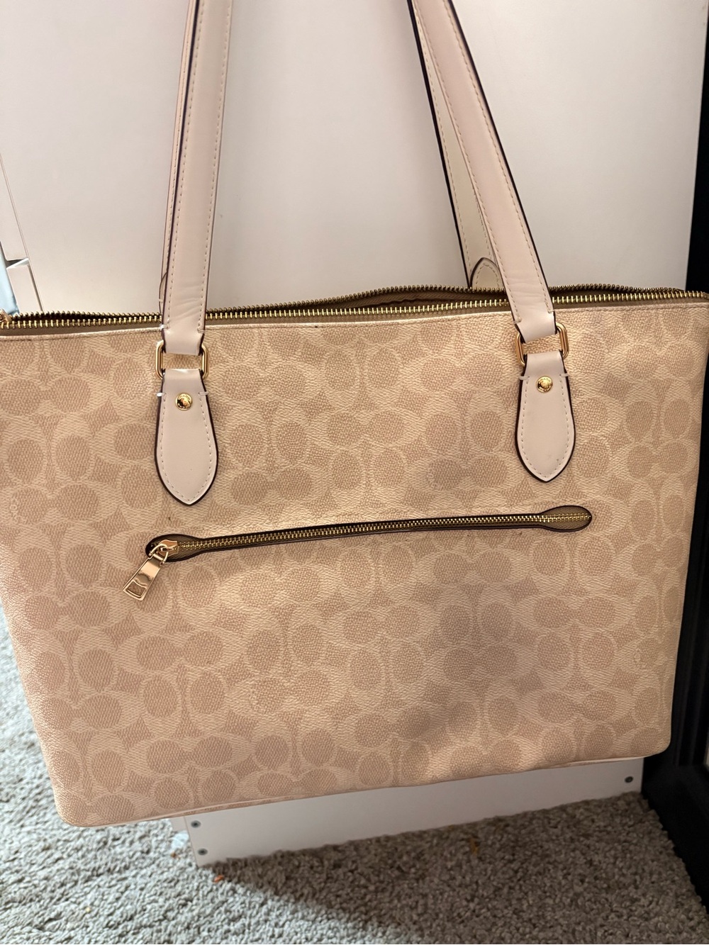 Tan Coach Signature Canvas Tote with Gold Hardware - Picture 2 of 3